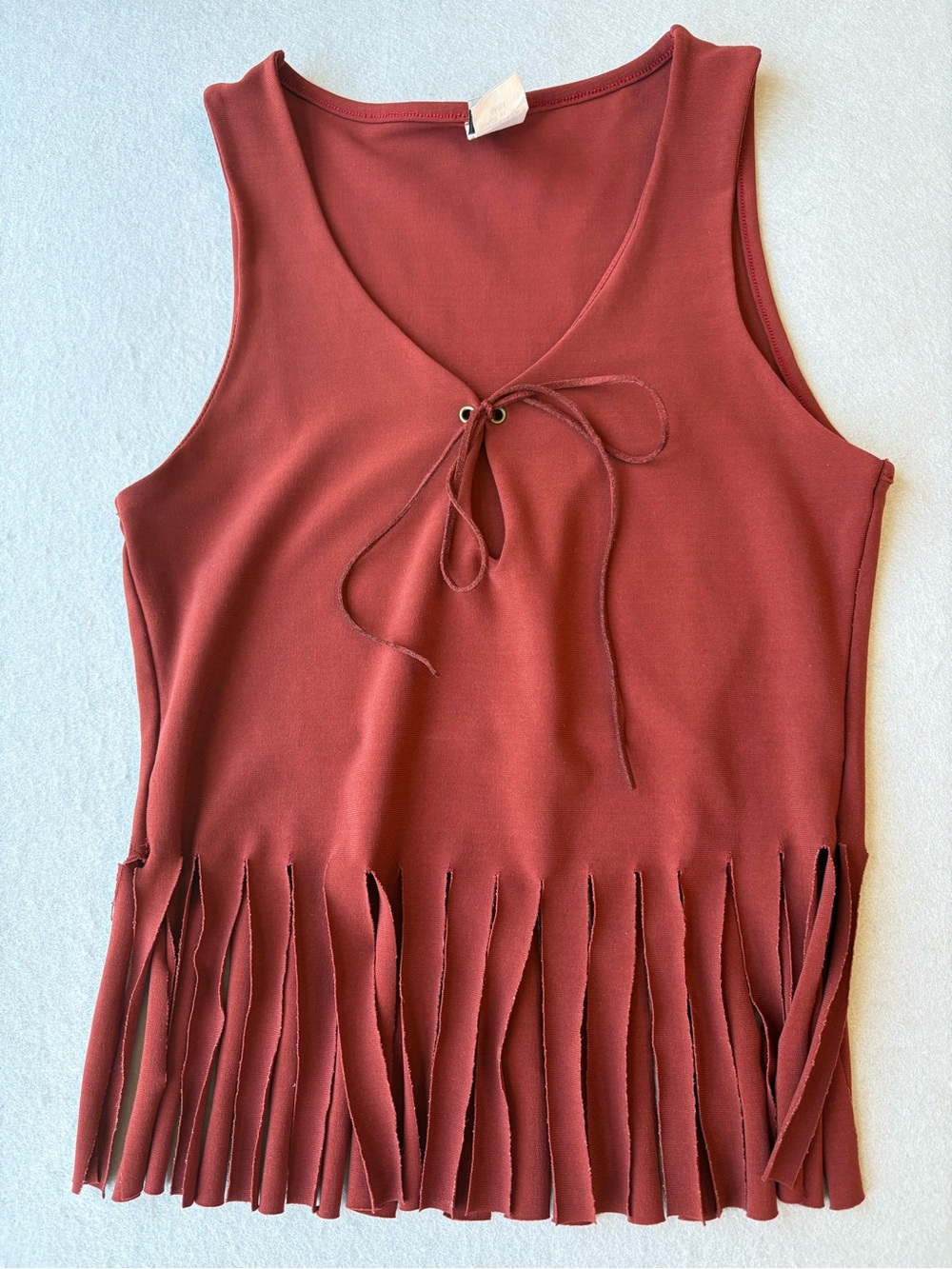 Y2K Vintage Made in USA French Kiss Brown Fringe V-Neck Tank Top with Tie Sz M - Picture 2 of 7